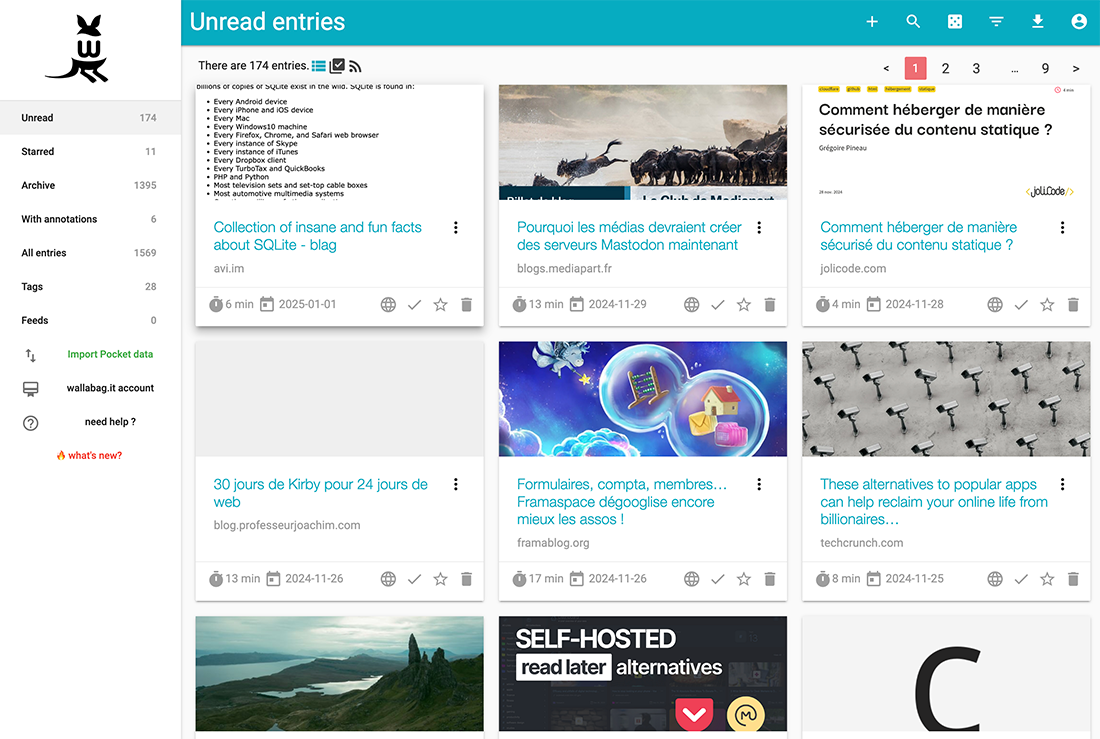 Homepage of wallabag.it service.
